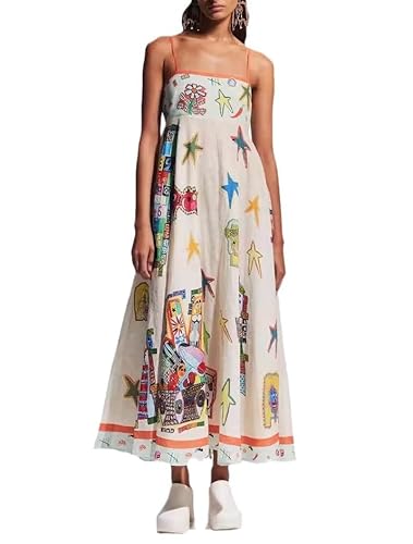 ThiCc Damenkleid im Boho-Stil mit Spaghettiträgern – Graffiti-Druck, Baumwolle, Leinen, Sommer, Urlaub, Strand, langes Sommerkleid, buntes Sternenmuster, fließendes Cami-Swing-Kleid, von ThiCc