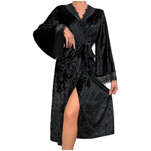 ThiCc Langer Samt-Spitzenmantel für Damen, eleganter Kimono-Stil, Nachtwäsche, Spitzenbesatz, Nachthemd, weicher Bademantel mit Gürtel, für Hochzeit, Braut, Flitterwochen, Zuhause, Lounge ThiCc Langer Samt-Spitzenmantel für Damen, eleganter Kimono-Stil, Nachtwäsche, Spitzenbesatz, Nachthemd, weicher Bademantel mit Gürtel, für Hochzeit, Braut, Flitterwochen, Zuhause, Lounge von ThiCc