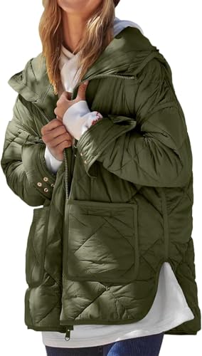 ThiCc Übergroße Steppjacken für Damen – leichte, einfarbige Diamant-gesteppte Kapuzenjacke mit großen Taschen, Seitenschlitzen, langärmelig, Reißverschluss, warme Winter-Oberbekleidung, armee-grün, 42 von ThiCc