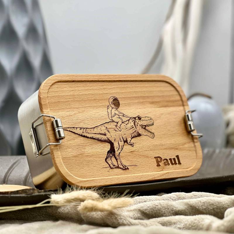 Brotdose Dino Astronaut Mit Namensgravur Personalisiert, Metall Lunchbox Holzdeckel, Optionales Set Edelstahl Trinkflasche, T-Rex von ThigerDesign