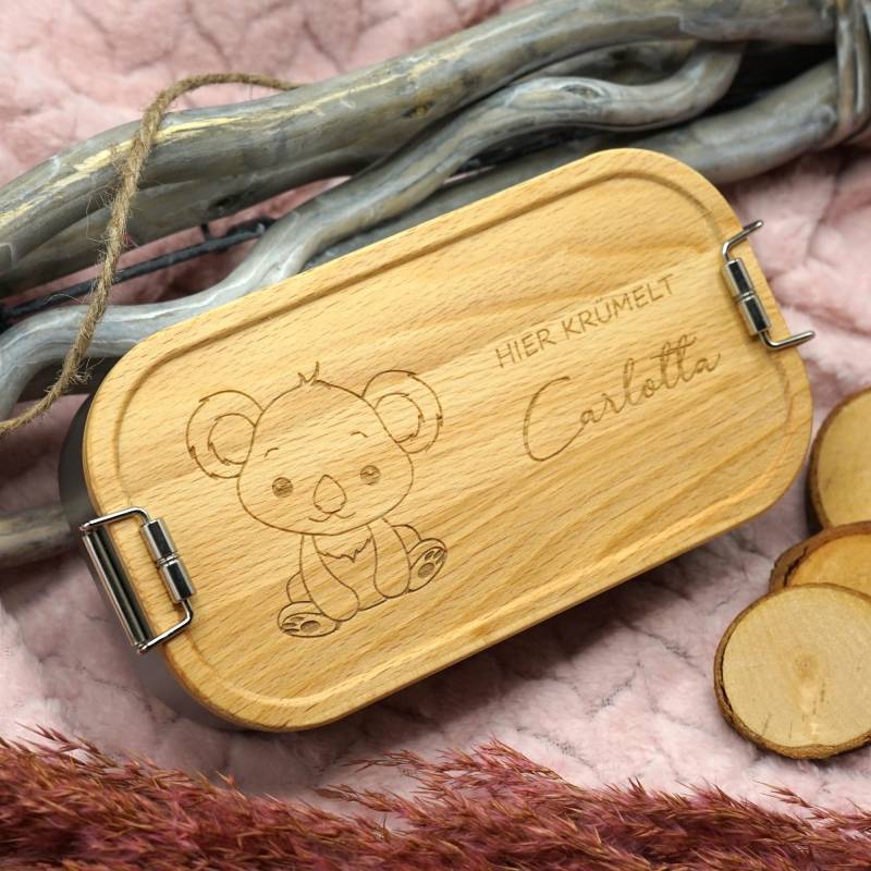 Brotdose Koala Personalisiert, Metall Lunchbox Mit Fächern Und Holzdeckel, 700 1100 Ml., Personalisierte Gravur Brotdose Koala Personalisiert, Metall Lunchbox Mit Fächern Und Holzdeckel, 700 1100 Ml., Personalisierte Gravur von ThigerDesign