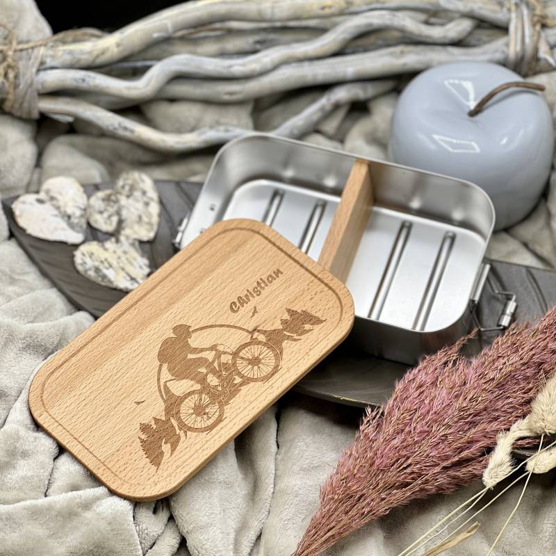 Brotdose Mountainbike Mit Namensgravur, Metall Lunchbox Holzdeckel, 700 Und 1100 Ml., Fahrrad Downhill, Personalisiert von ThigerDesign