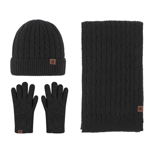 Thigies Damen Wintermütze, Schal und Handschuhe, Strickmütze, Schal Set und Touchscreen-Handschuhe, 3-teiliges Winter-Set, Schwarz , One size von Thigies