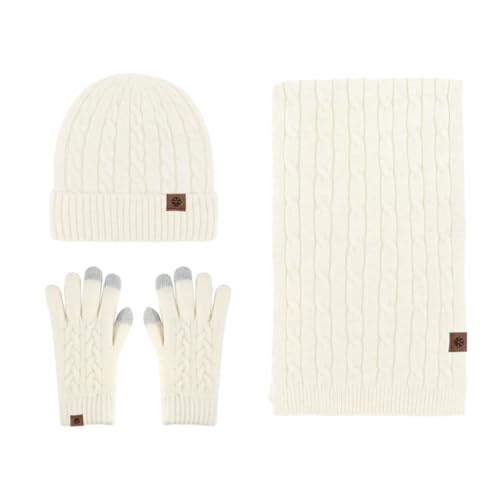 Thigies Damen Wintermütze, Schal und Handschuhe, Strickmütze, Schal Set und Touchscreen-Handschuhe, 3-teiliges Winter-Set, beige, One size von Thigies