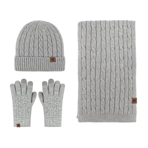 Thigies Damen Wintermütze, Schal und Handschuhe, Strickmütze, Schal Set und Touchscreen-Handschuhe, 3-teiliges Winter-Set, hellgrau, One size von Thigies