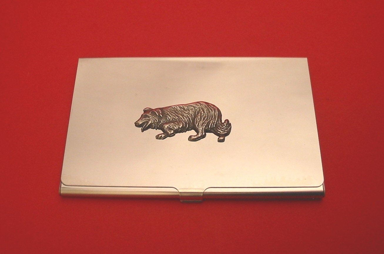 Border-Collie Hund Verchromt Kartenhalter Mit Hand-Cast-Zinn-Motiv-Mutter-Vater-Border-Collie-Geschenk von ThimblesnObjectDart