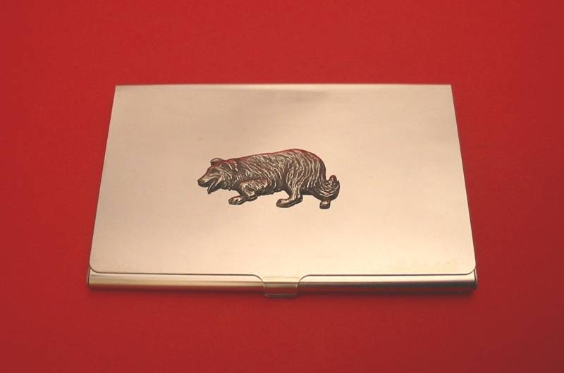 Border-Collie Hund Verchromt Kartenhalter Mit Hand-Cast-Zinn-Motiv-Mutter-Vater-Border-Collie-Geschenk von ThimblesnObjectDart