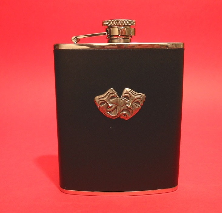 Komödie Und Tragödie Masken Design Schwarz Leder 6Oz Hip Flask Darstellende Kunst Geschenk Theater von ThimblesnObjectDart