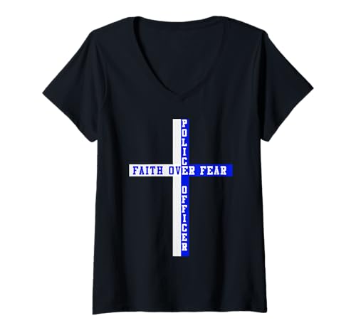 Damen Zurück Der blaue Glaube über die Angst Patriotischer christlicher Amerikaner T-Shirt mit V-Ausschnitt Damen Zurück Der blaue Glaube über die Angst Patriotischer christlicher Amerikaner T-Shirt mit V-Ausschnitt von Thin Blue Line Patriotic American Police Officer