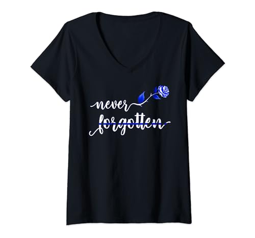 Damen Thin Blue Line Flagge Strafverfolgungsbeamter Never forgotten T-Shirt mit V-Ausschnitt von Thin Blue Line Policeman Flag Co.