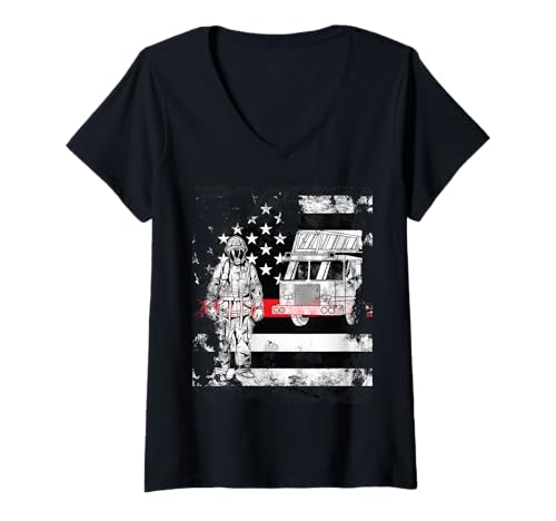 Damen Feuerwehrmann mit roter Linienflagge im Used-Look T-Shirt mit V-Ausschnitt Damen Feuerwehrmann mit roter Linienflagge im Used-Look T-Shirt mit V-Ausschnitt von Thin Red Line