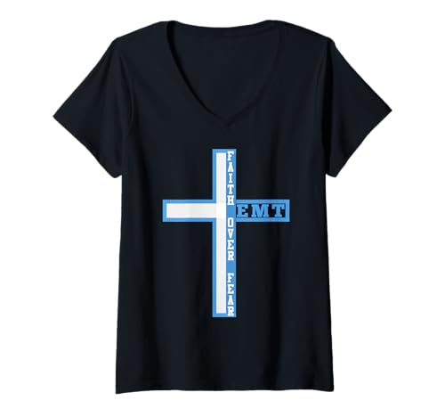 Damen Glaube statt Angst Patriotischer christlicher EMT-Ersthelfer T-Shirt mit V-Ausschnitt Damen Glaube statt Angst Patriotischer christlicher EMT-Ersthelfer T-Shirt mit V-Ausschnitt von Thin White Line Patriotic American EMT Paramedic