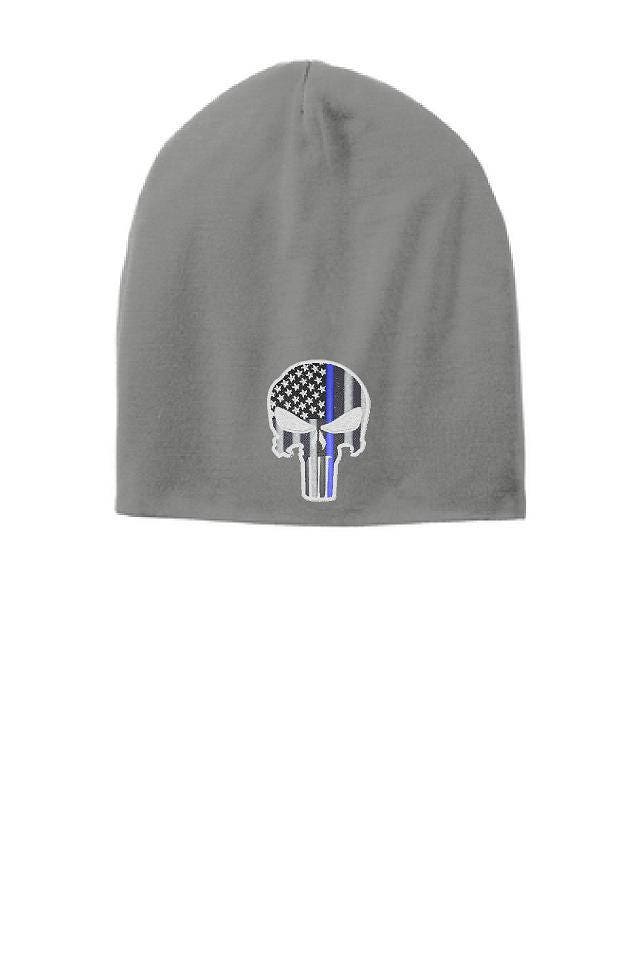 Grau Dünne Blaue Linie Punisher Schädel Slouch Mütze Hut - Strafverfolgung von ThinLineMerch