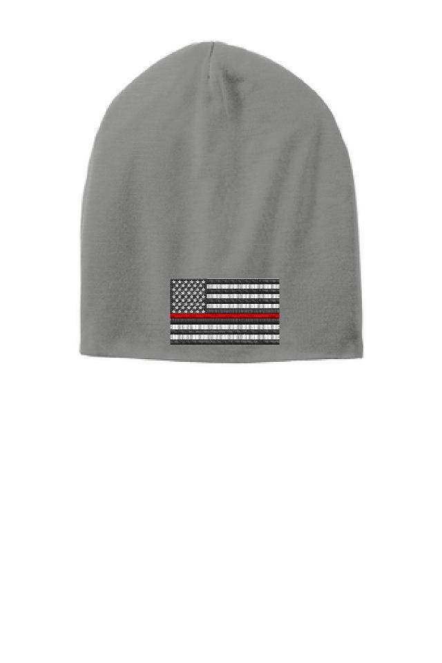 Grau Dünne Rote Linie Flagge Slouch Beanie Hut - Feuerwehrleute von ThinLineMerch
