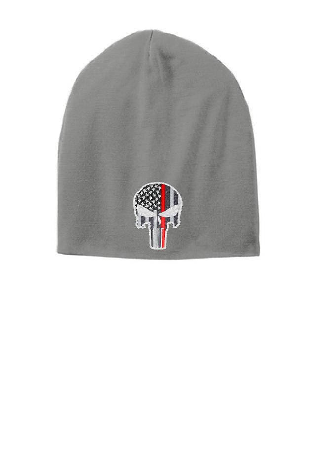 Grau Dünne Rote Linie Punisher Schädel Slouch Mütze Hut - Feuerwehrleute von ThinLineMerch