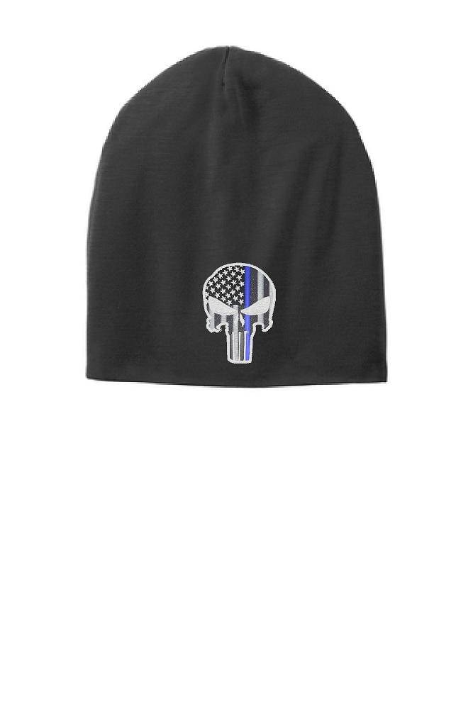Schwarze Dünne Blaue Linie Punisher Schädel Slouch Mütze Hut - Strafverfolgung von ThinLineMerch