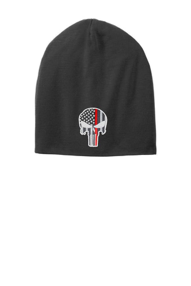 Schwarze Dünne Rote Linie Punisher Schädel Slouch Mütze Hut - Feuerwehrleute von ThinLineMerch