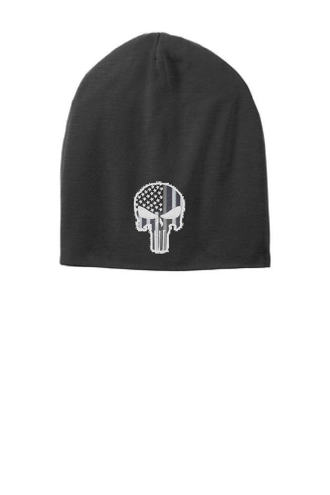 Schwarze Dünne Silber Linie Punisher Schädel Slouch Mütze Hut - Korrekturen Offiziere von ThinLineMerch