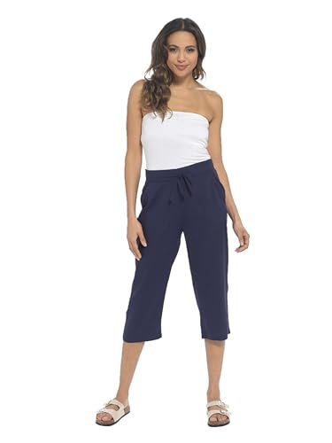 Thingimijigs Cropped-Hose für Damen, Leinenmischung, 3/4-Länge, lässige Sommerhose mit geripptem Bund und Taschen, navy, 46 von Thingimijigs