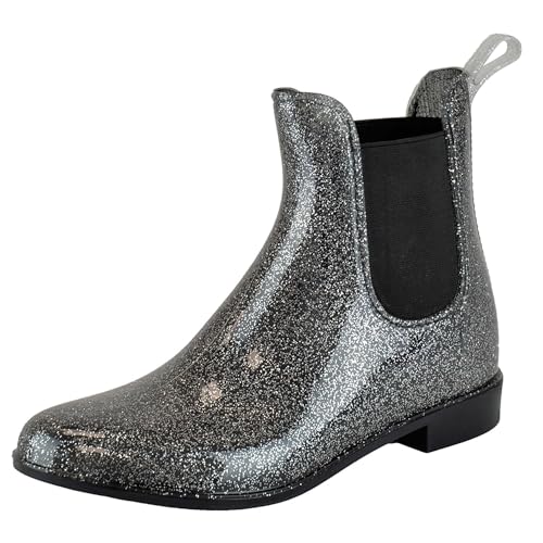 Thingimijigs Kurzer Gummistiefel für Damen, Chelsea, knöchellang, Sommer, Festival, Regenstiefel, Schwarz Glitter, 41 EU Thingimijigs Kurzer Gummistiefel für Damen, Chelsea, knöchellang, Sommer, Festival, Regenstiefel, Schwarz Glitter, 41 EU von Thingimijigs