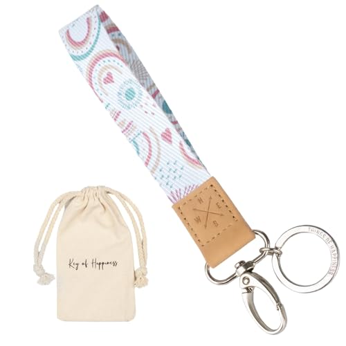 Schlüsselband kurz mit Schlüsselring & Karabiner | Schlüsselanhänger Kunstleder | Keychain als Geschenk zur Einschulung | Kinder für Wohnungsschlüssel oder Fahrradschlüssel (Regenbogen) von Things of Happiness