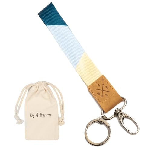 Things of Happiness Schlüsselband kurz mit Schlüsselring & Karabiner für Frau & Mann | Edler Schlüsselanhänger | Kleines Geschenk Geburtstag, Valentinstag, Weihnachten | kurzes Lanyard (Blau/Gelb) von Things of Happiness