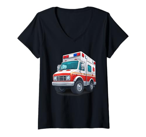 Damen Cartoon Krankenwagen Illustration T-Shirt mit V-Ausschnitt Damen Cartoon Krankenwagen Illustration T-Shirt mit V-Ausschnitt von Things of the World - Car