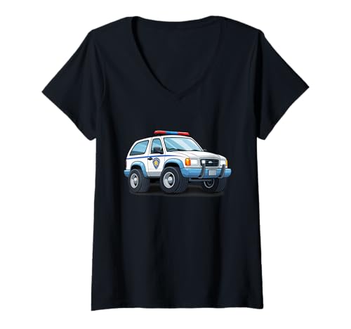Damen Cartoon Polizeiauto Illustration T-Shirt mit V-Ausschnitt Damen Cartoon Polizeiauto Illustration T-Shirt mit V-Ausschnitt von Things of the World - Car