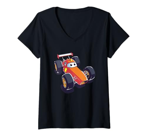 Damen Cartoon Rennwagen Illustration Mit Charakter Gesicht T-Shirt mit V-Ausschnitt Damen Cartoon Rennwagen Illustration Mit Charakter Gesicht T-Shirt mit V-Ausschnitt von Things of the World - Car