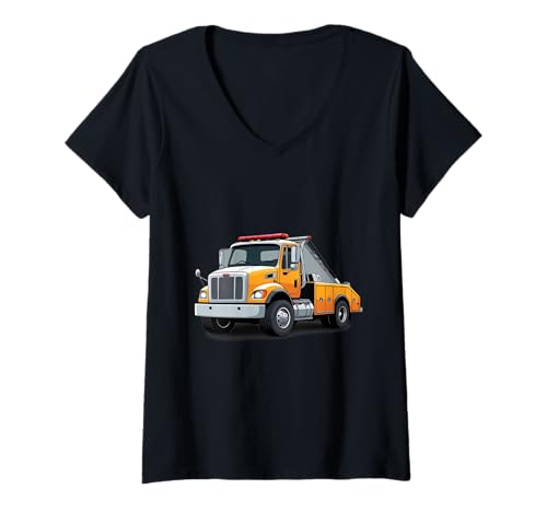 Damen Gelber Abschleppwagen Cartoon Illustration T-Shirt mit V-Ausschnitt Damen Gelber Abschleppwagen Cartoon Illustration T-Shirt mit V-Ausschnitt von Things of the World - Car