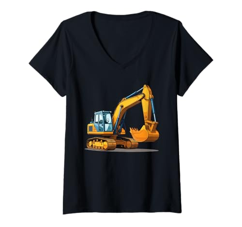 Damen Cartoon Bagger Baufahrzeug Illustration T-Shirt mit V-Ausschnitt Damen Cartoon Bagger Baufahrzeug Illustration T-Shirt mit V-Ausschnitt von Things of the World - Construction Vehicle