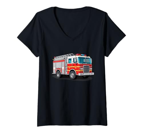 Damen Cartoon Feuerwehrauto Illustration für Kinder T-Shirt mit V-Ausschnitt Damen Cartoon Feuerwehrauto Illustration für Kinder T-Shirt mit V-Ausschnitt von Things of the World - Fire Truck