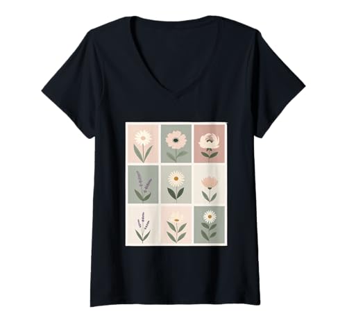 Damen Minimalistisches Blumen Raster Grafik Pastell Deko T-Shirt mit V-Ausschnitt Damen Minimalistisches Blumen Raster Grafik Pastell Deko T-Shirt mit V-Ausschnitt von Things of the World - Flower