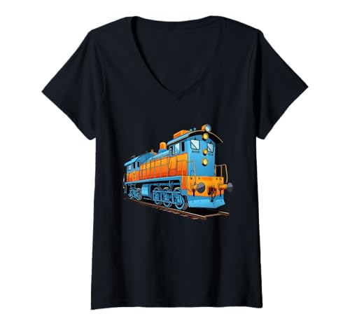 Damen Cartoon Lokomotive Illustration T-Shirt mit V-Ausschnitt Damen Cartoon Lokomotive Illustration T-Shirt mit V-Ausschnitt von Things of the World - Train
