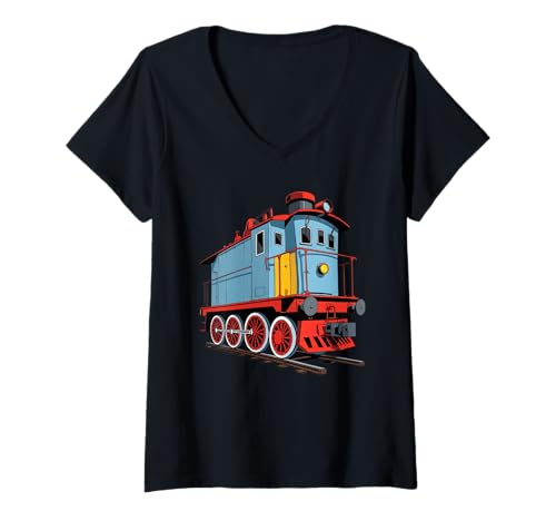 Damen Cartoon Zug Lokomotive Bunte Eisenbahn Illustration T-Shirt mit V-Ausschnitt von Things of the World - Train