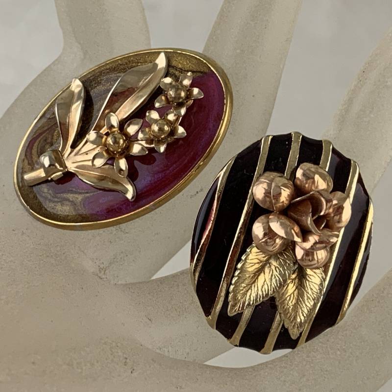 Handgemachte Gold Ton Emaille Aufgetragen Blumen Brosche Pin Set 2 von ThingsAndPlants