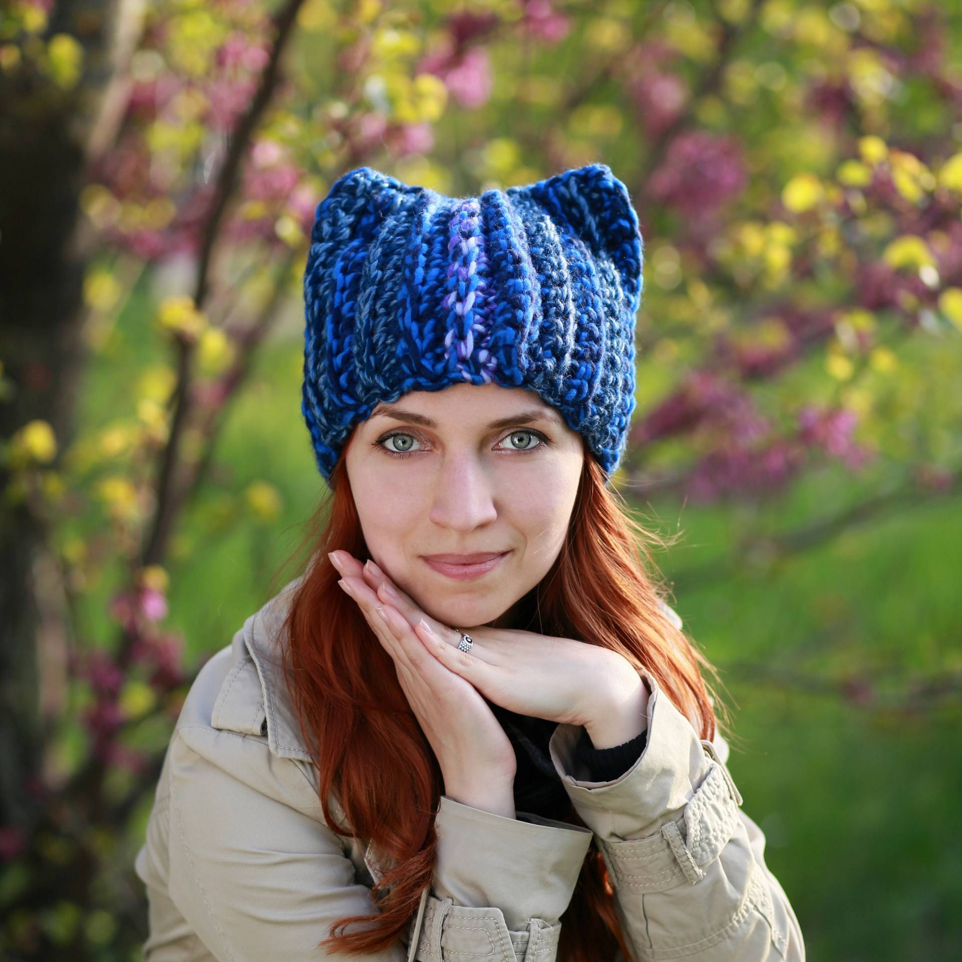 Blaue Wintermütze Mit Ohren - Gestrickte Handgemachte Tier Gehäkelte Erwachsene Damen Beanie Katzenliebhaber Geschenkidee Fuchs Weiches Garn Mode von ThingsFS