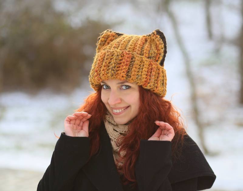 Gehäkelte Fuchsmütze Gelbe Katzenmütze Mit Ohren von ThingsFS