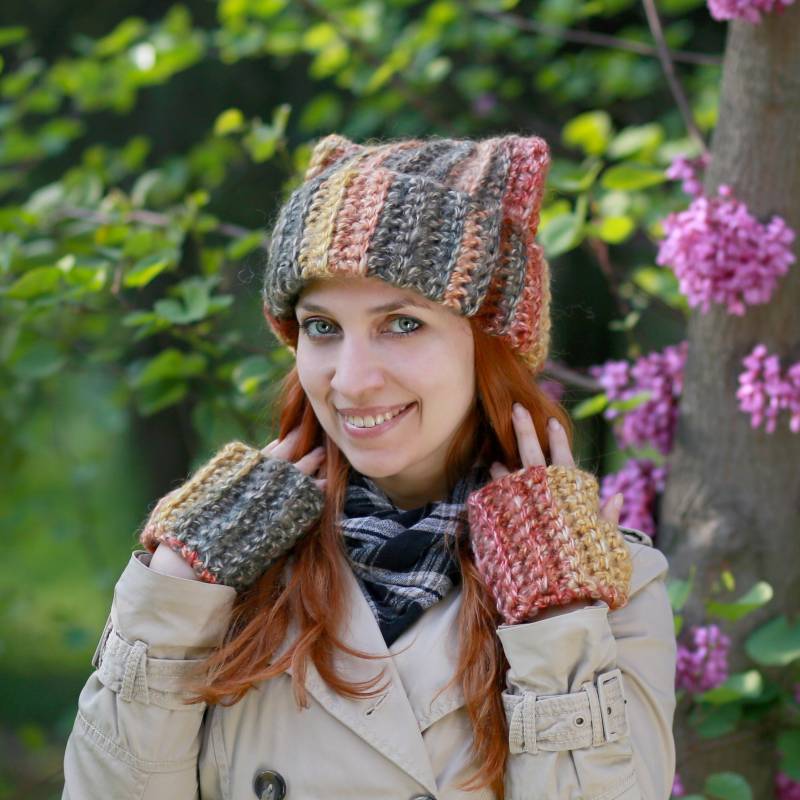 Gehäkelte Mütze Mit Katzenohren Set Fingerlose Handschuhe - Handgefertigte Fuchshandschuhe Gehäkelte Orange Wintermütze Und Tier-Fäustlinge von ThingsFS