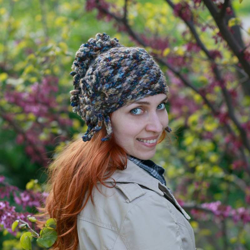 Handgestrickte Woll Beanie Braun Blau Beige Wintermütze von ThingsFS