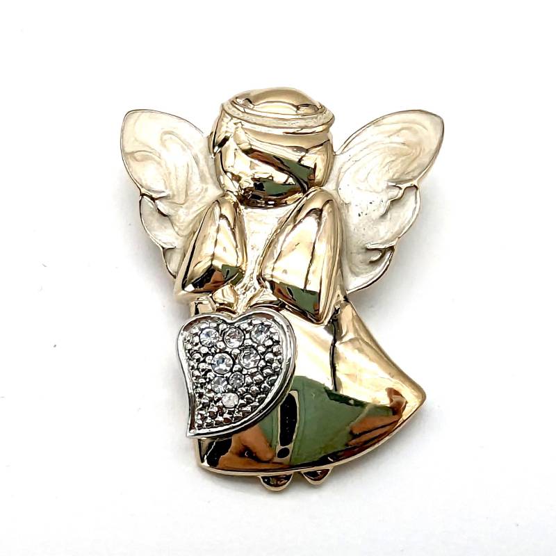 Goldener Engel Strass Herz Brosche Mit Perlmuttfarbenen Emaille Flügeln von ThingsGrandmaKept