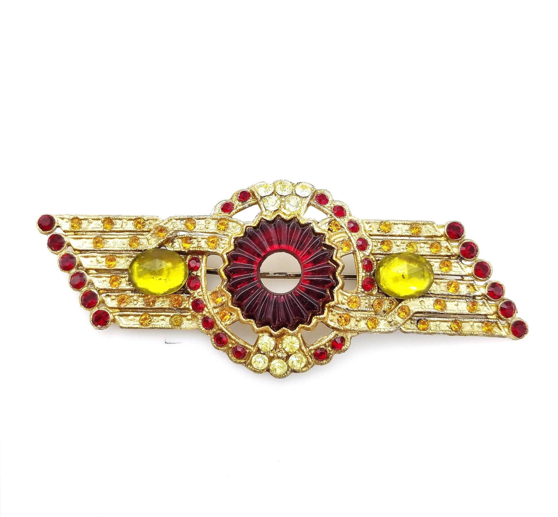 Seltene Art Deco Brosche Aus Rotem Glas Und Goldton Mit Roten, Grünen Orangen Strasssteinen Seltene Art Deco Brosche Aus Rotem Glas Und Goldton Mit Roten, Grünen Orangen Strasssteinen von ThingsGrandmaKept