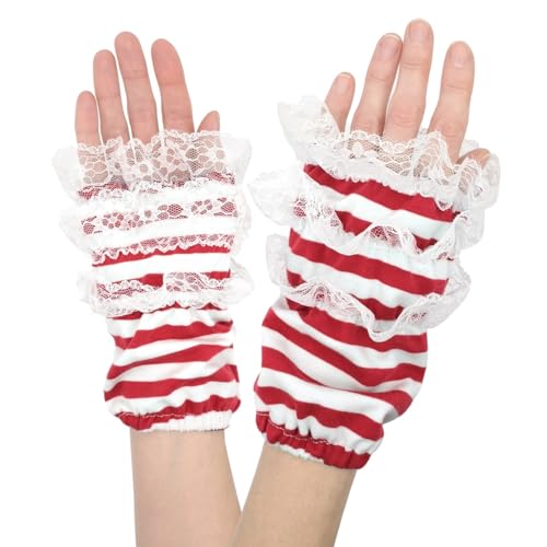 Think Jeck! Fingerlose Handschuhe Ringel Handstulpen mit Spitze UNISEX (Rot Weiß) von Think Jeck!