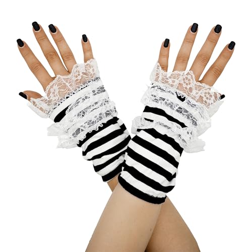 Think Jeck! Fingerlose Handschuhe Ringel Handstulpen mit Spitze UNISEX (Schwarz Weiß) von Think Jeck!