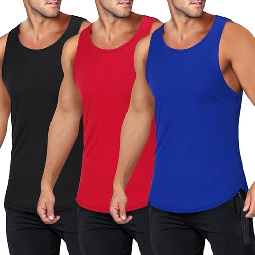 Herren 3er Pack Quick Dry Workout Tank Top Fitnessstudio Muskel T-Shirt Fitness Bodybuilding Ärmelloses T-Shirt(A-Schwarz/Rot/Blau,S) von ThinkSTEM