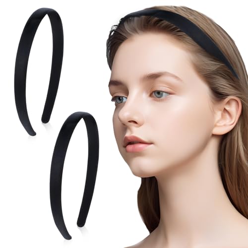 Thinp 2 Stück Haarreifen Damen Breit,Satin-Stirnbänder,1.5cm Breit Hartes Kopfband,Modisches Haarreifen Schwarz,Rutschfest Einfarbig Haarbänder,DIY-Haarschmuck für Damen Mädchen Weihnachten Party von Thinp