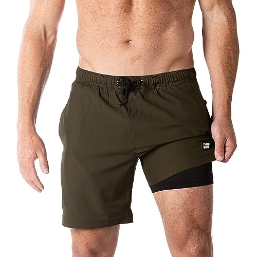 Third Wave Badehose mit Kompressionsfutter – Herren Premium 7 Zoll Schrittlänge schnell trocknende Badeshorts für Strand und Badezimmer, Oliv/Blatt für mich (Leaf It to Me), M von Third Wave