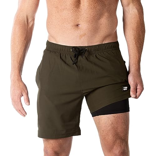 Third Wave Badehose mit Kompressionsfutter – Herren Premium 7 Zoll Schrittlänge schnell trocknende Badeshorts für Strand und Badezimmer, Oliv/Blatt für mich (Leaf It to Me), XL von Third Wave