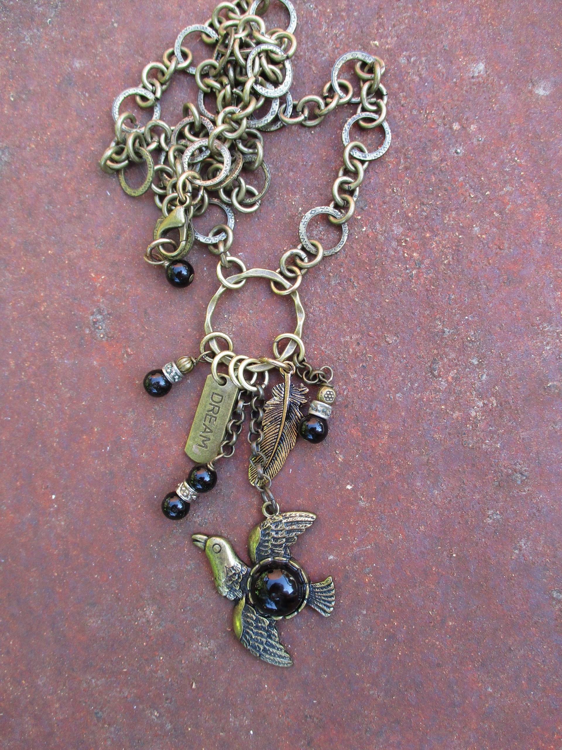 Charm Halskette - Schwarzer Onyx Anhänger Traum Feder Vogel An Kette Boho Charm Halskette - Schwarzer Onyx Anhänger Traum Feder Vogel An Kette Boho von ThirdTimeCharms