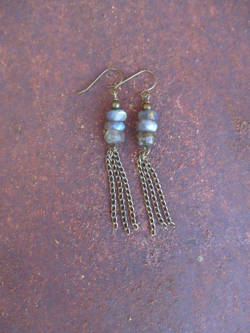 Lange Labradorit Rondelle Perlen Und Multi Ketten Ohrringe - Hippie Boho von ThirdTimeCharms
